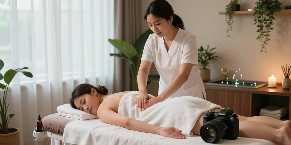 스웨디시 마사지 중인 치료사와 고객의 편안한 스파 환경, 아로마 오일과 부드러운 조명이 있는 장면
