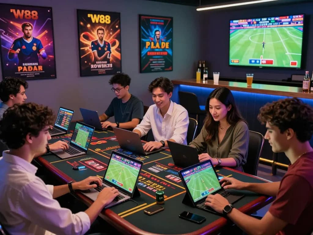 Exciting group of friends enjoying W88 online gambling experience, featuring sports betting and casino games.
