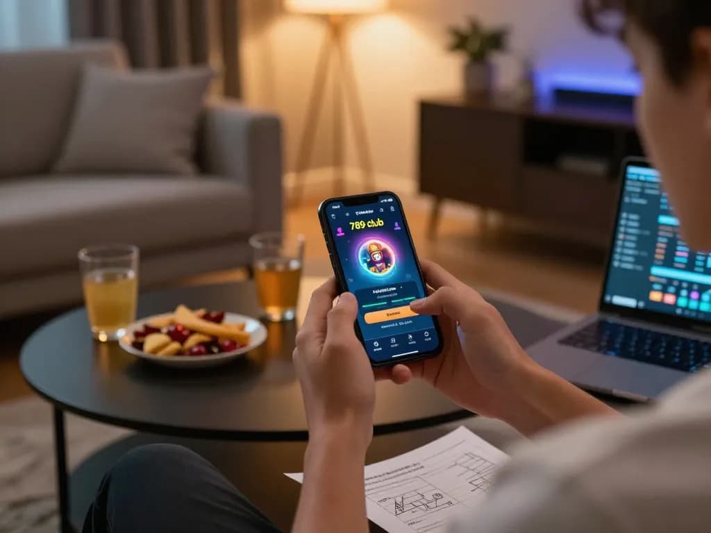 Playing the 789 club game on a smartphone in a cozy home setting with snacks and strategy notes.