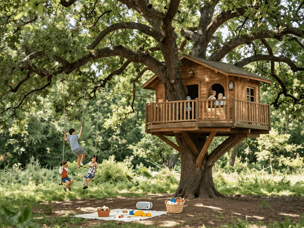 Joyful family enjoying their tree house life in a lush forest