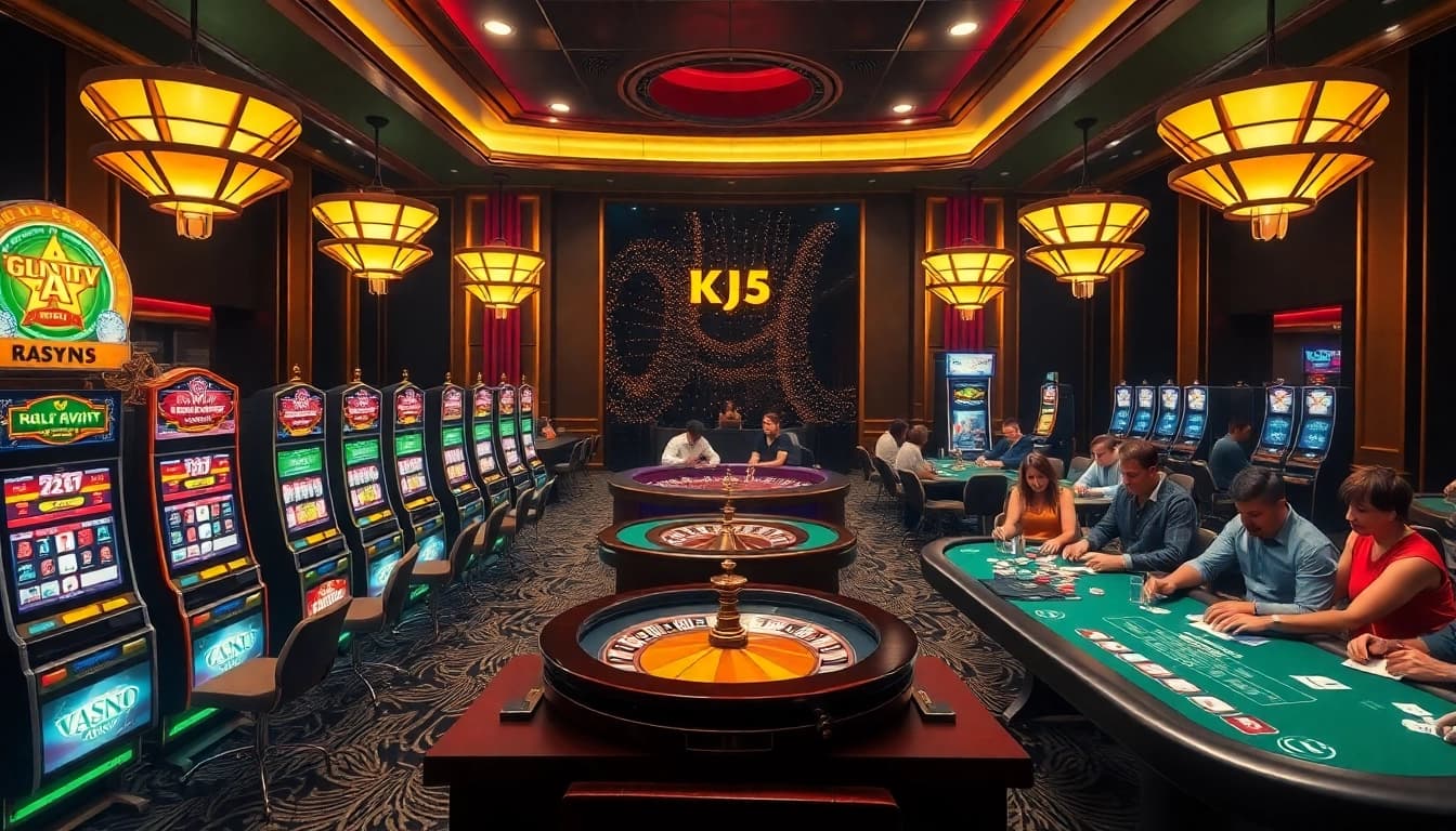 KJC casino scene featuring vibrant slot machines and a roulette wheel, showcasing excitement and luxury.