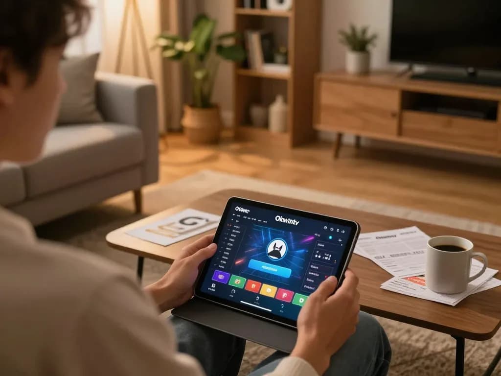 Person enjoying online gambling on Okwintv tablet in a cozy living room setting.