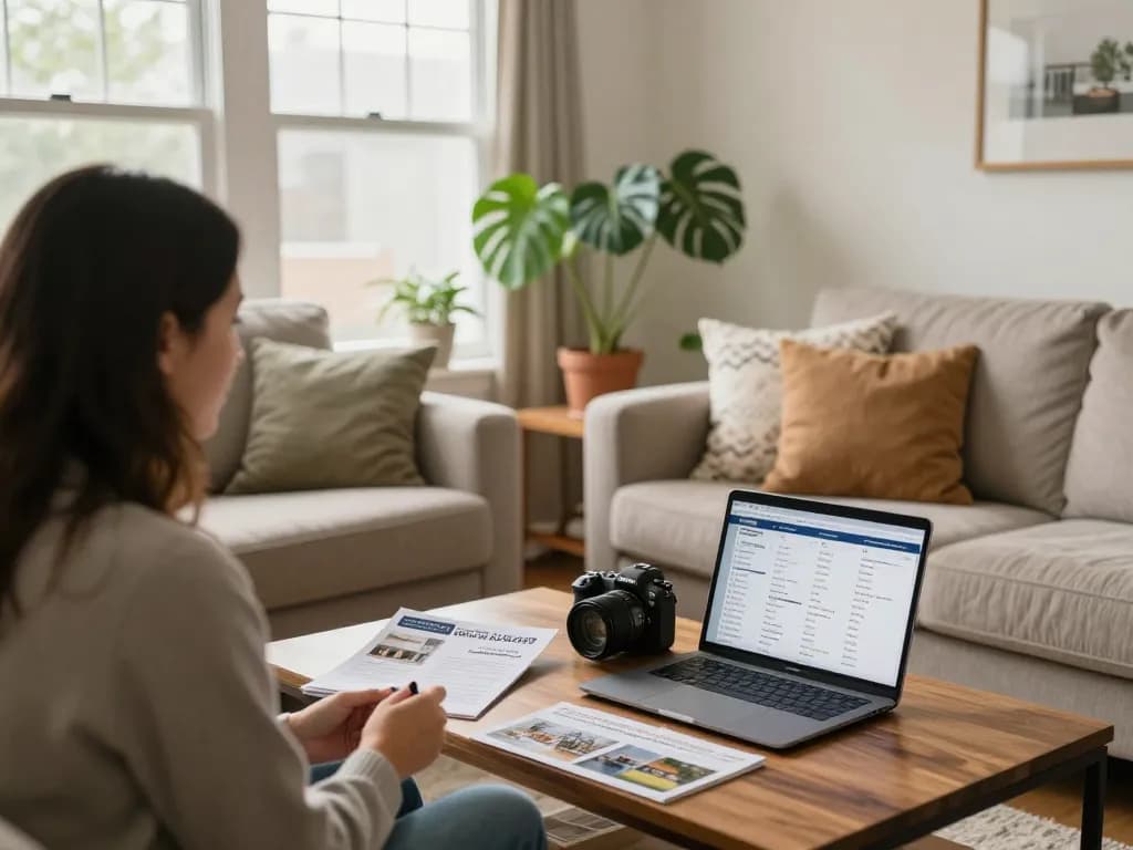 Seller explains how to sell house without repairs to buyer in a bright living room.