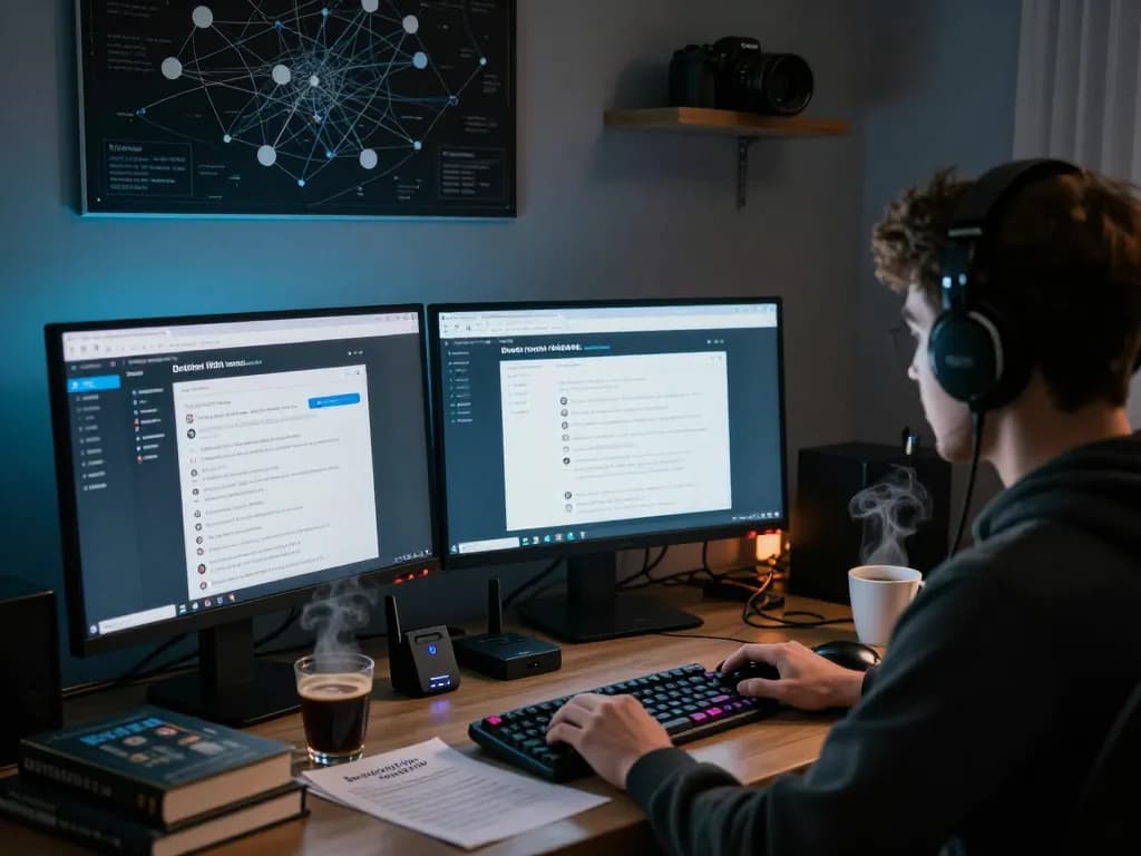 Exploring the hidde wiki url on a computer in a dimly lit tech workspace with security gadgets and monitors.