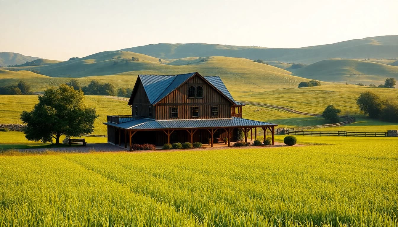 Admire the Winding River Farmhouse New Build showcasing rustic charm amidst lush greenery.