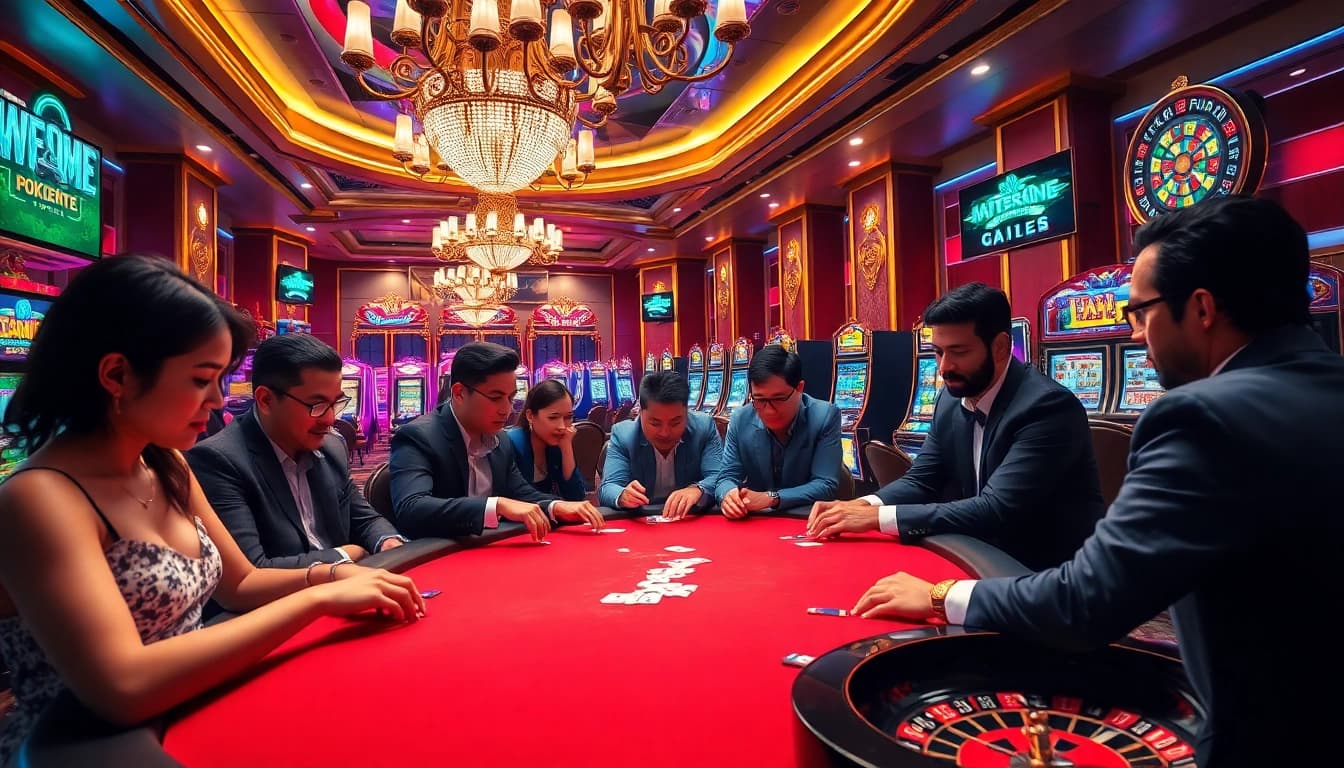 Intense gaming action at gg88com poker table in a luxurious casino atmosphere.