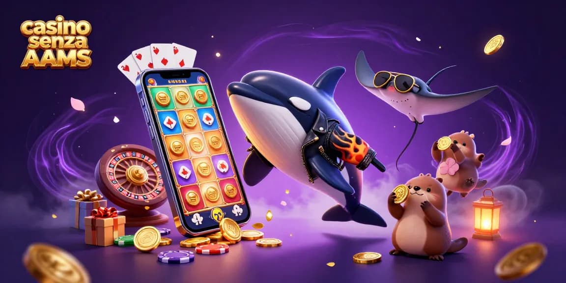 Gioca nei casinò senza AAMS mentre un'orca, una razza e lontre di mare mostrano monete d'oro.