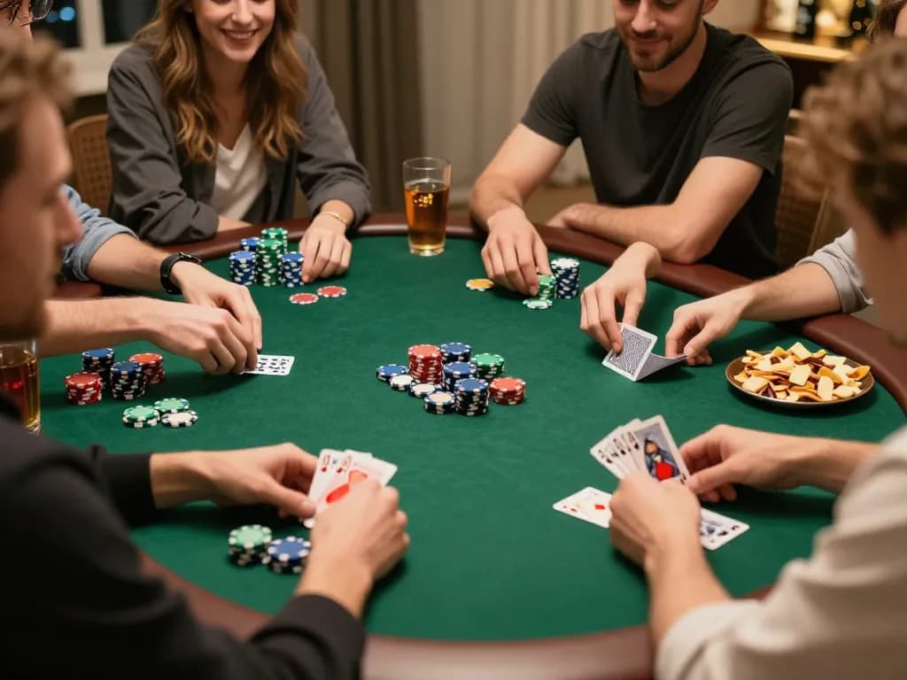 Engaged players at home poker night strategizing and placing bets on keo truc tuyến games.