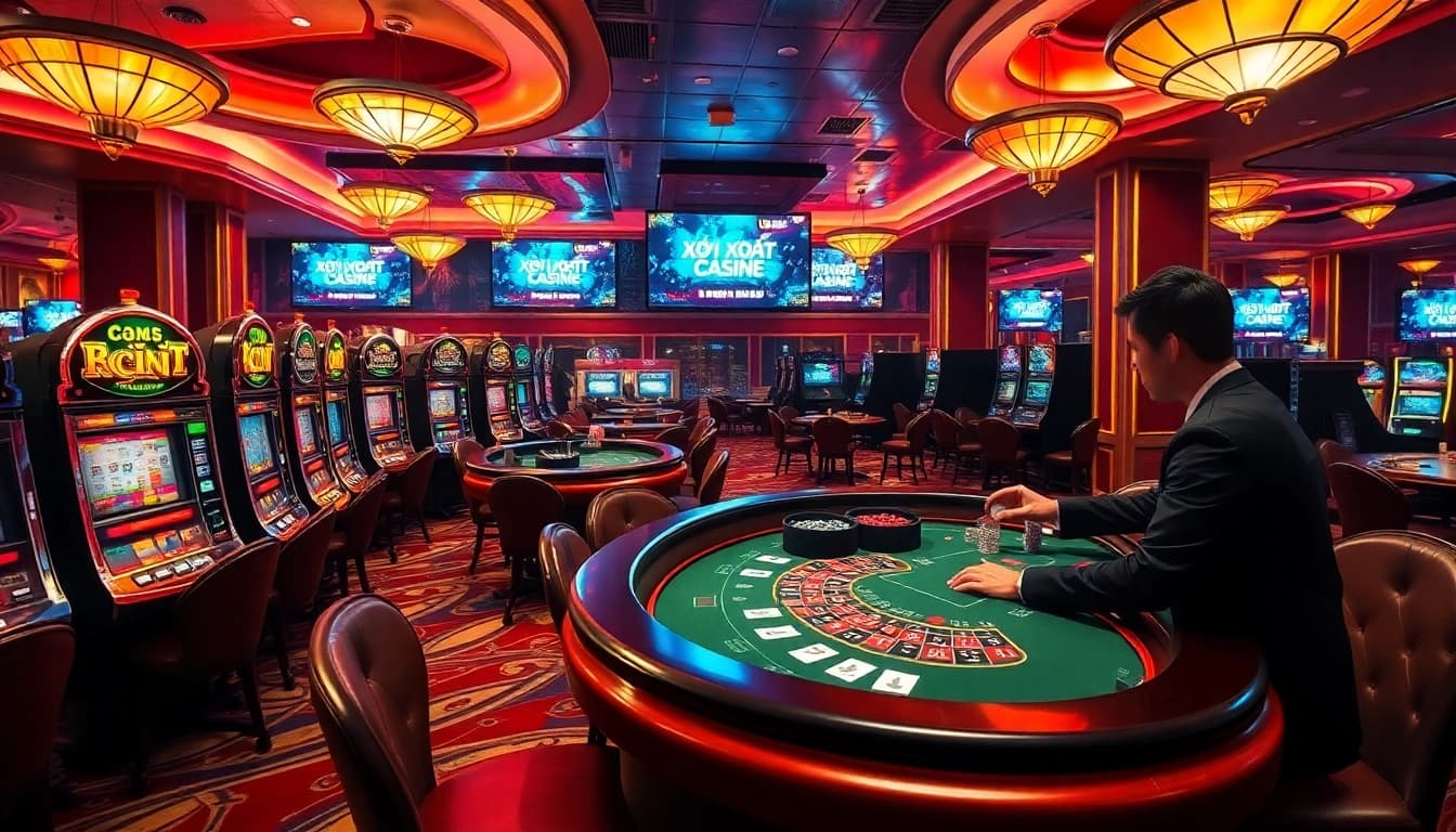 Xôi Xoài TV gaming scene with vibrant casino atmosphere featuring roulette, poker chips, and esports excitement.