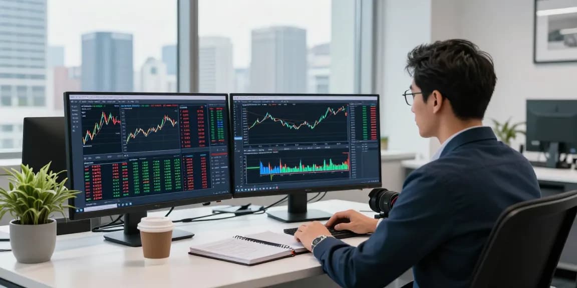 Traders using the MetaTrader 5 platform in a vibrant financial workspace with multiple screens.