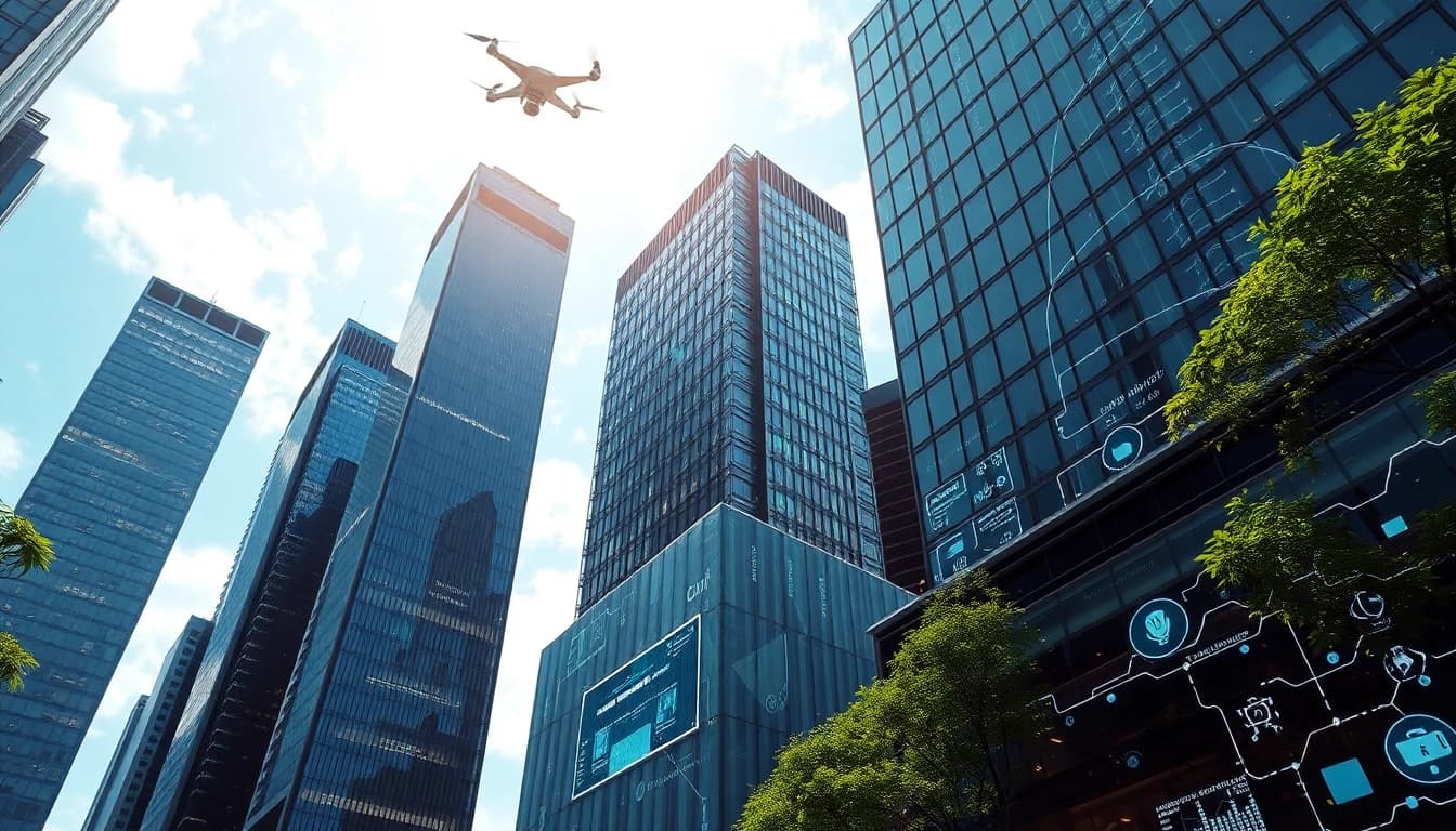 Technology concepts in an urban setting showing innovative smart city elements.