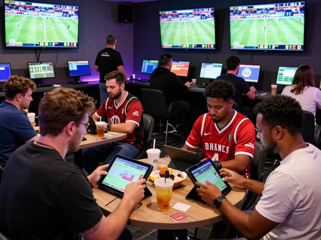 Exciting environment at https://bong99vn.win/ sports betting lounge with enthusiasts engaging in live betting.