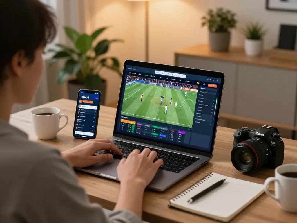 Person joyfully engaging in online sports betting at home using the OKFUN platform, showcasing interaction and strategy.