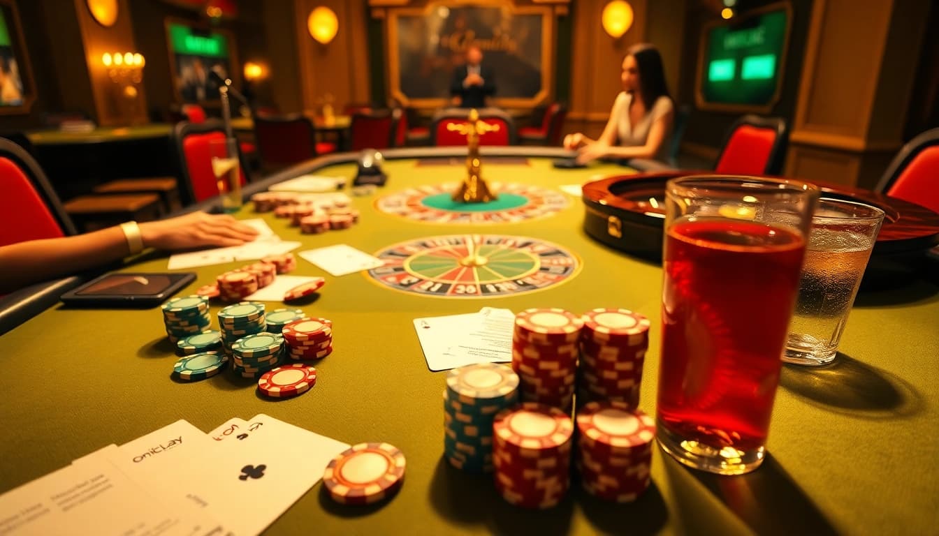 Engaging gambling scene showcasing onicplay with cards, chips, and lively players at a casino table.