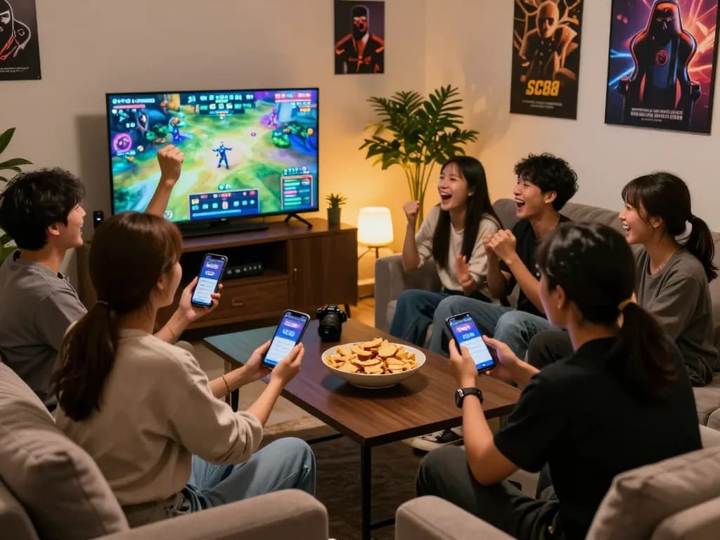 Community enjoying SC88 đăng nhập gaming experience in a vibrant lounge.