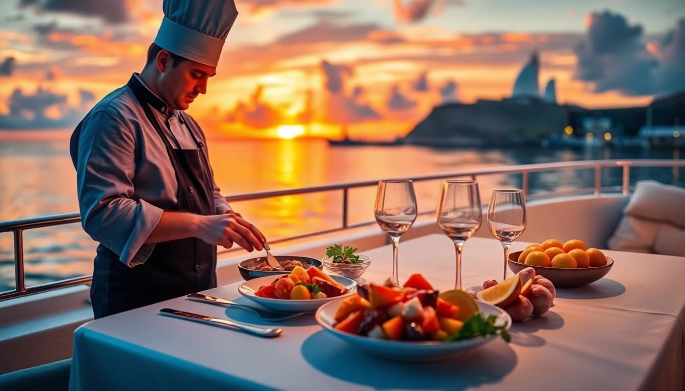 Chef creating exquisite dishes as a Sint Maarten private chef aboard a luxurious yacht during sunset.