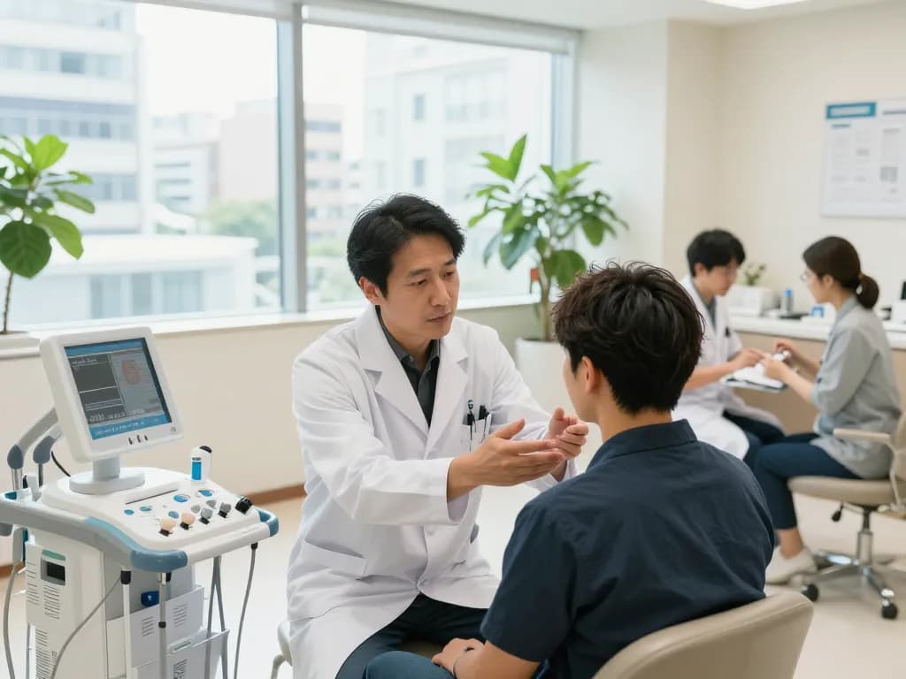 クリニック相談で自毛植毛おすすめ口コミ＆評判情報【ショクコミ】について話し合う患者、専門スタッフと居心地の良い雰囲気を示しています。