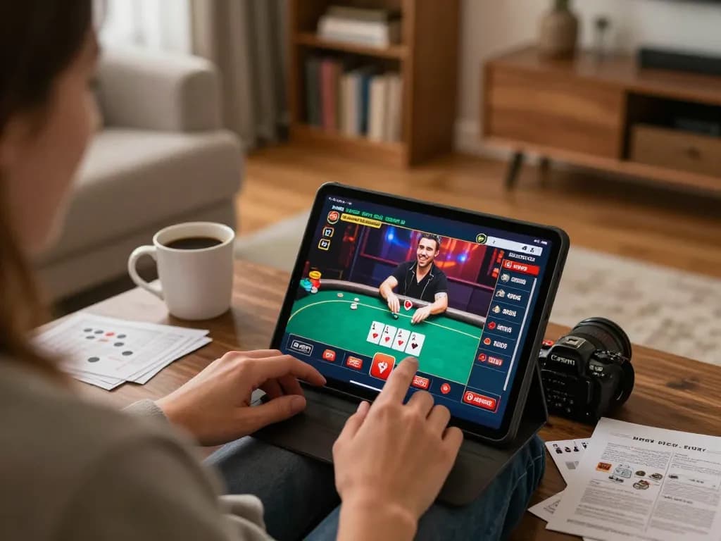Engaging in an online betbet poker game on a tablet at home