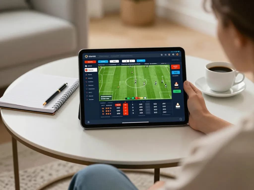 Situs parlay expert analyzing live odds on tablet for sports betting strategies in a modern setting