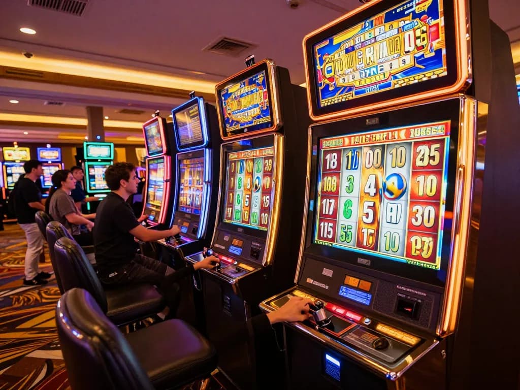 Engaged player celebrating a win at the best widget store's casino slot machines, colorful lights creating excitement
