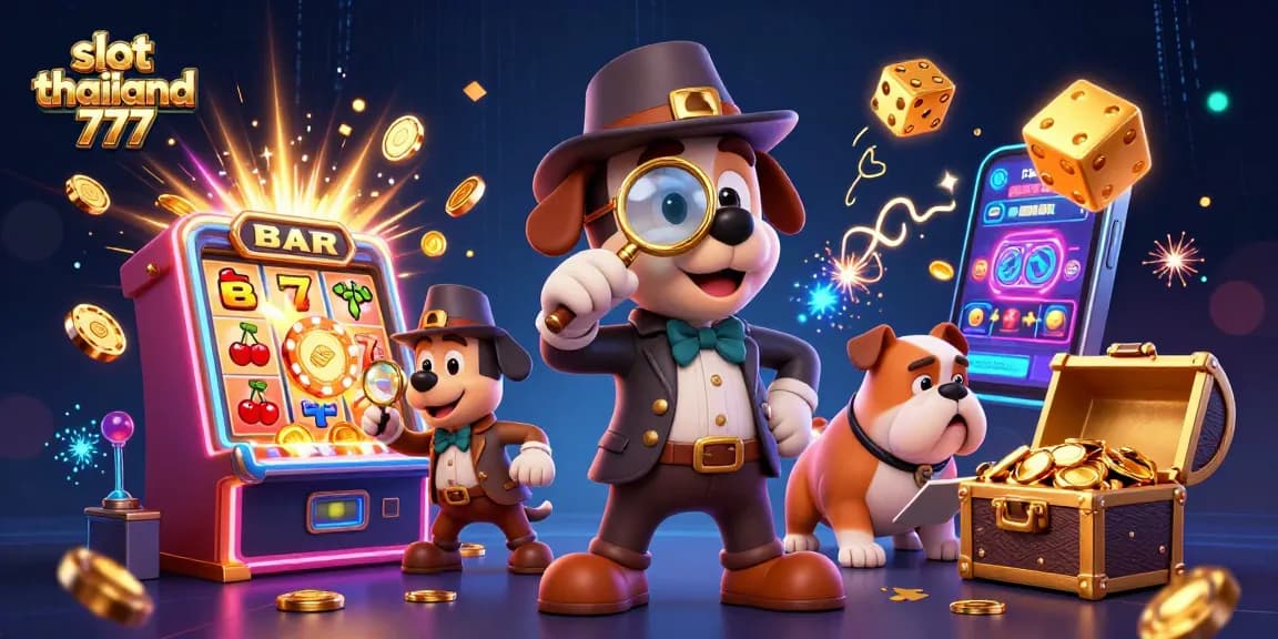 Experience the thrill of slot thailand 777 with a cartoon detective and bulldog, revealing hidden treasures.