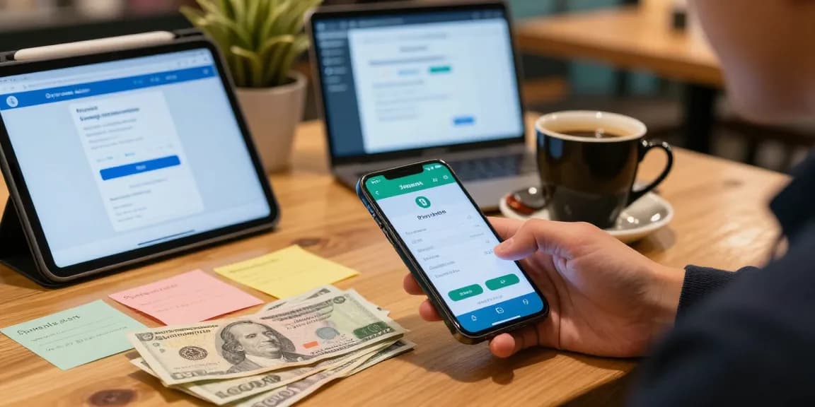 Un usuario paga factura etb desde su smartphone en un ambiente acogedor de café.