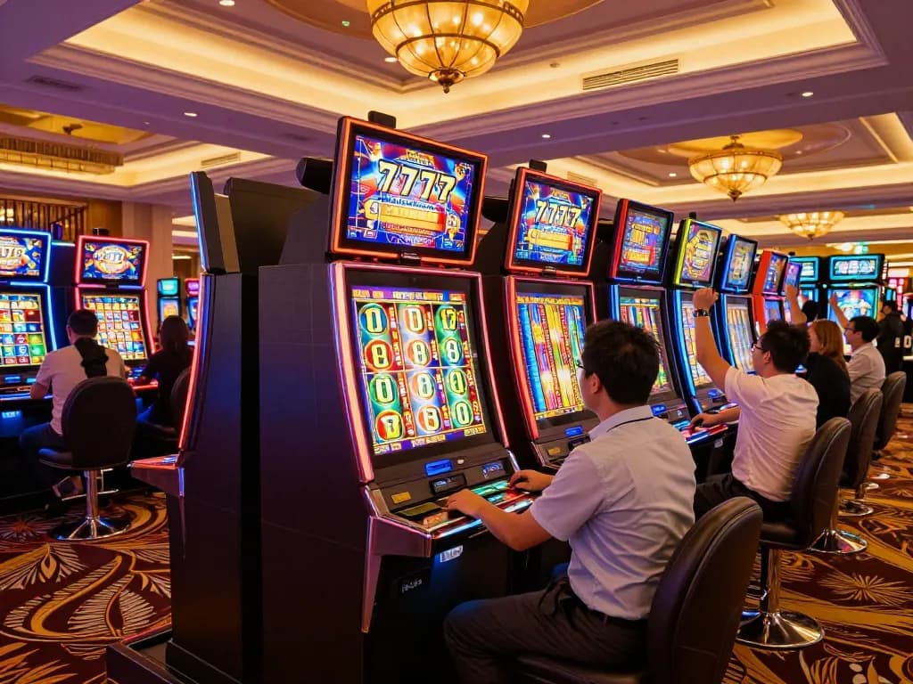 Players enjoying dynamic gameplay at slot777 machines celebrating wins in a vibrant casino.