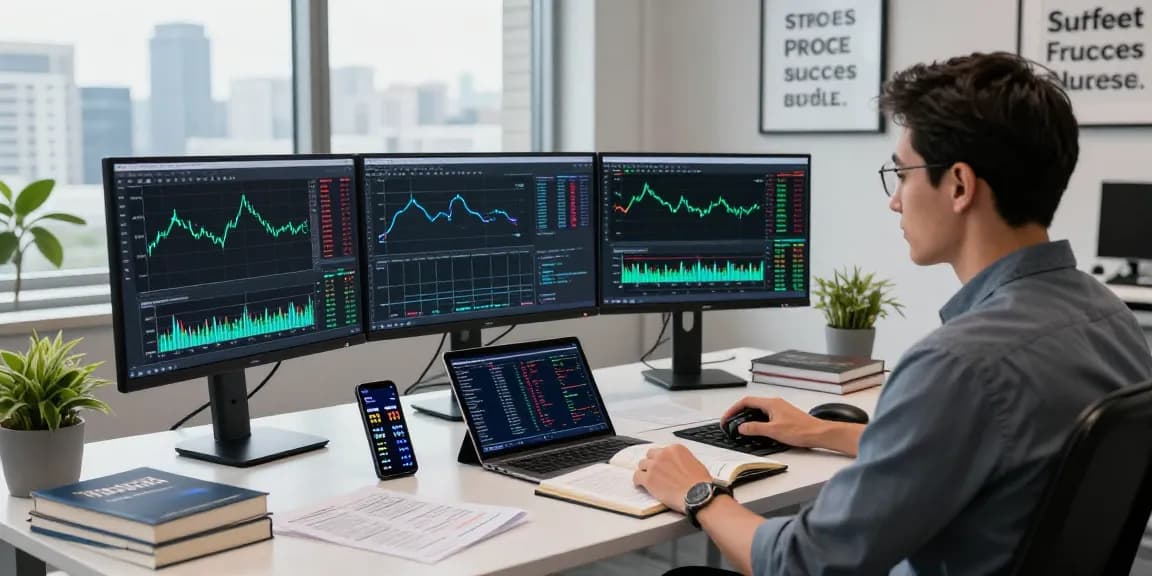 MetaTrader 4 displayed on multiple monitors in a modern trading office, highlighting charts and analytical tools for Forex trading.