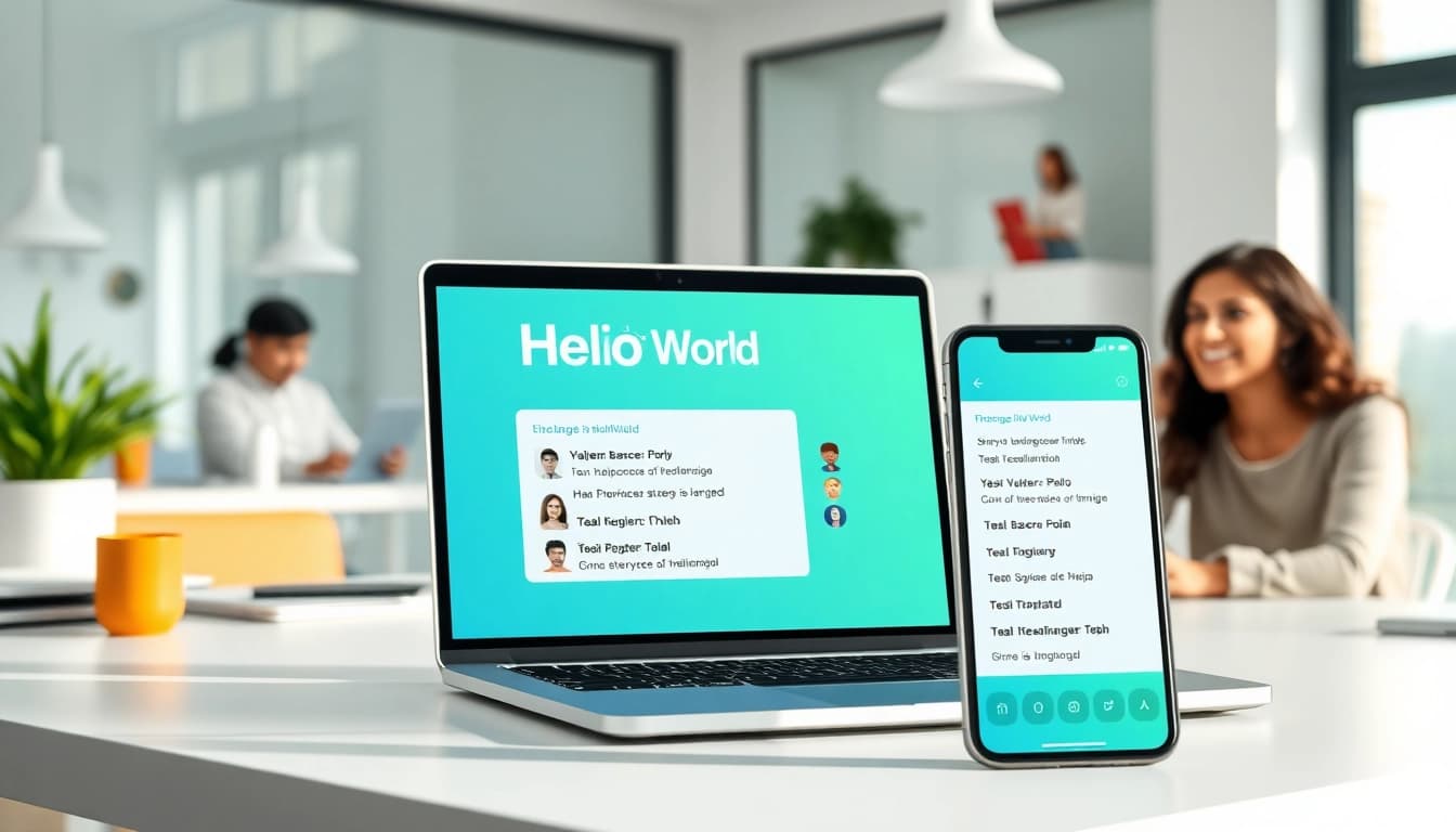 HelloWorld下载 - Interactive software interface for real-time multilingual translation in a modern office environment.