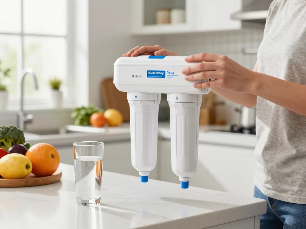 Person replacing Waterdrop Plus WDP-F19C Replacement for GE® RPWFE® filter in a bright kitchen, highlighting healthy living and fresh water.