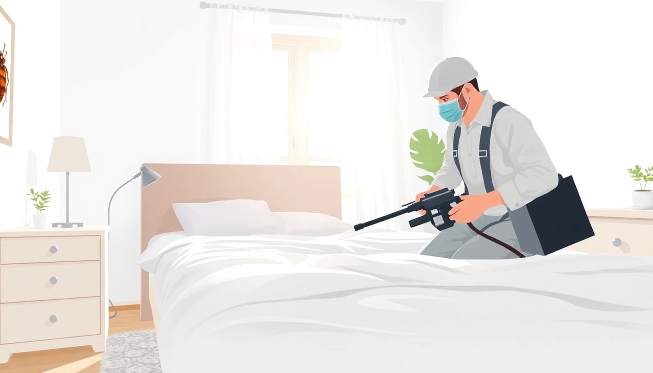 Professional exterminator applying bed bug treatment cost solutions in a modern bedroom.