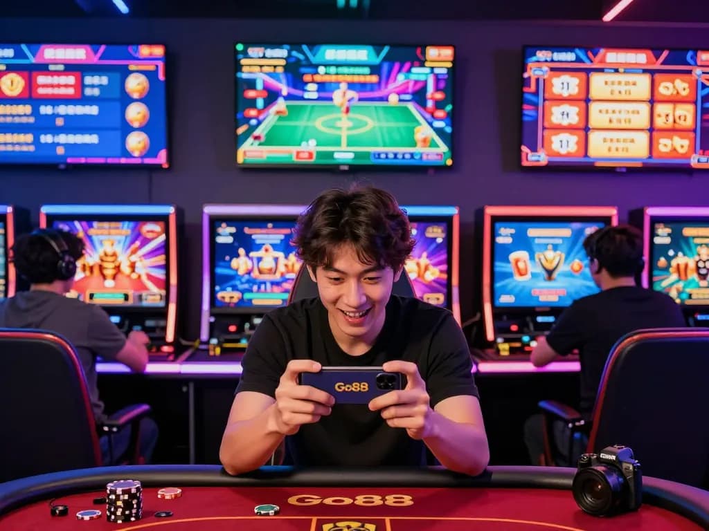 Go88 gaming hub with players enjoying poker and slot games in a vibrant digital setting, reflecting the excitement of online gaming in 2026.
