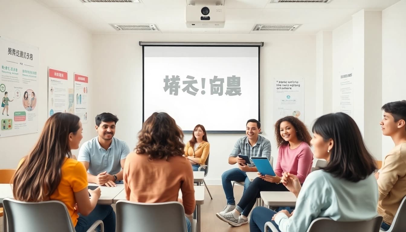 性教育番組『子作りを学ぼう！』の、性教育を学ぶ多様な若者たちが描かれた魅力的な教室風景。