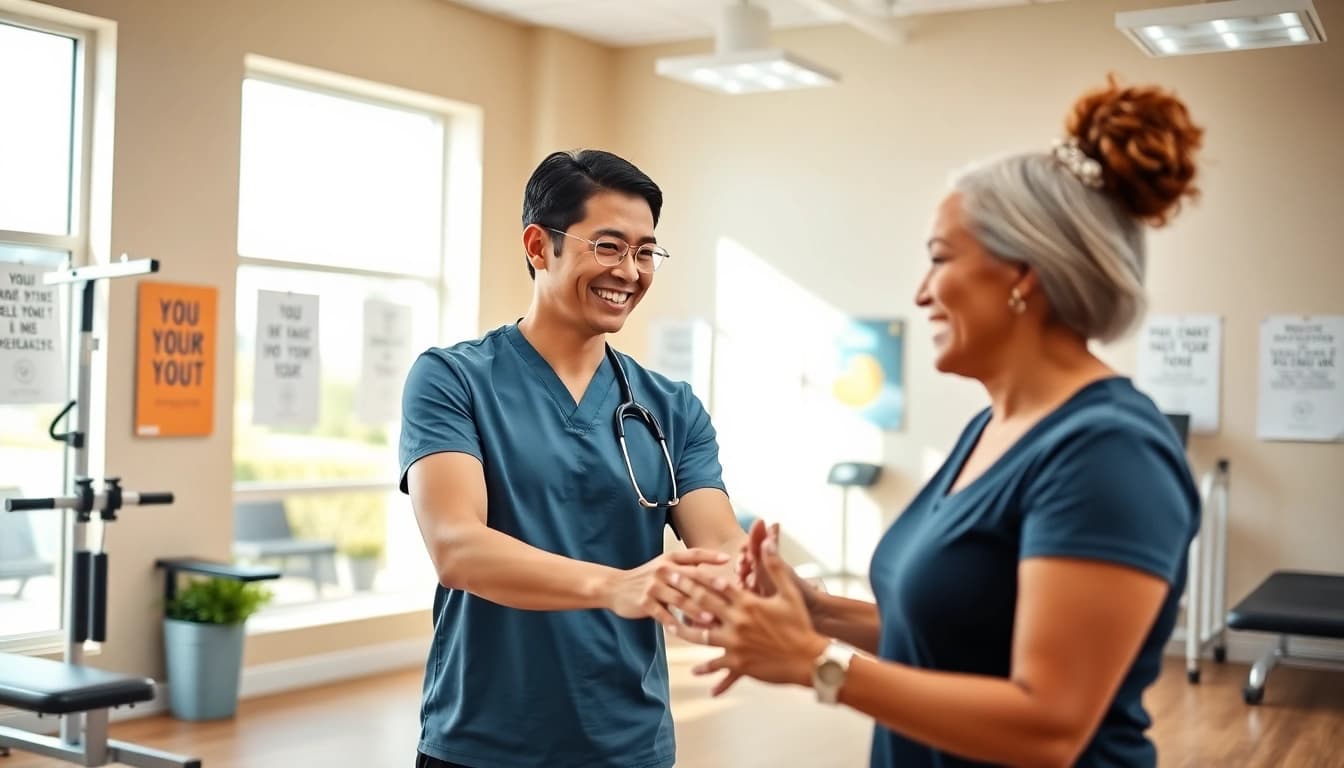 Enhance your Physical Therapy Marketing by showcasing engaging patient-therapist interactions in a welcoming clinic.