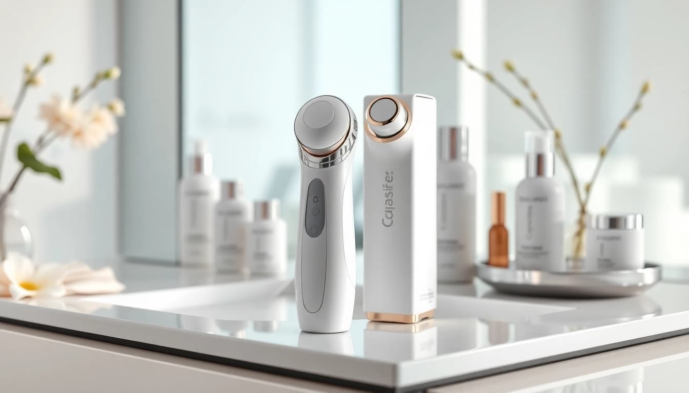 Facial whitening instrument manual displayed in a serene skincare setup with beauty products.