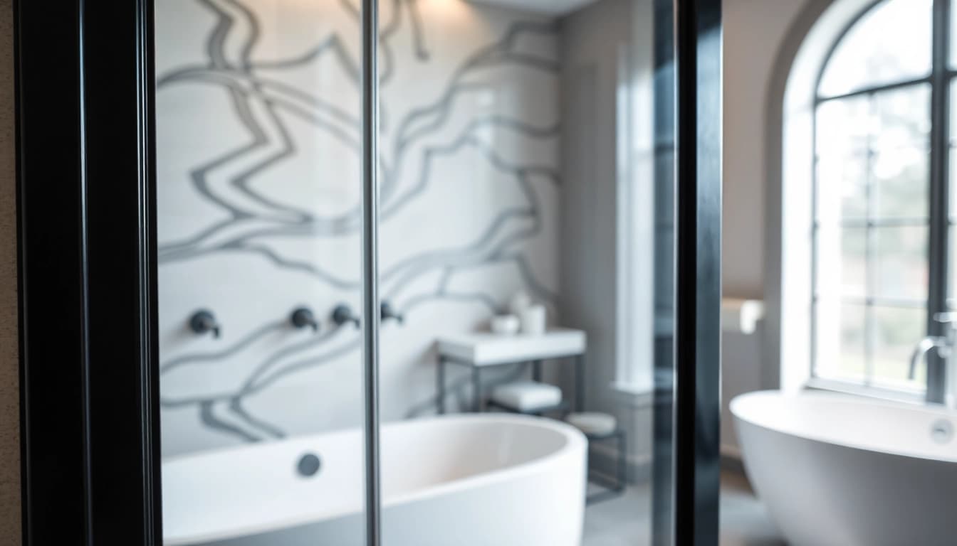 Showcasing a modern shower door black frame in a luxurious bathroom setting with elegant decor.