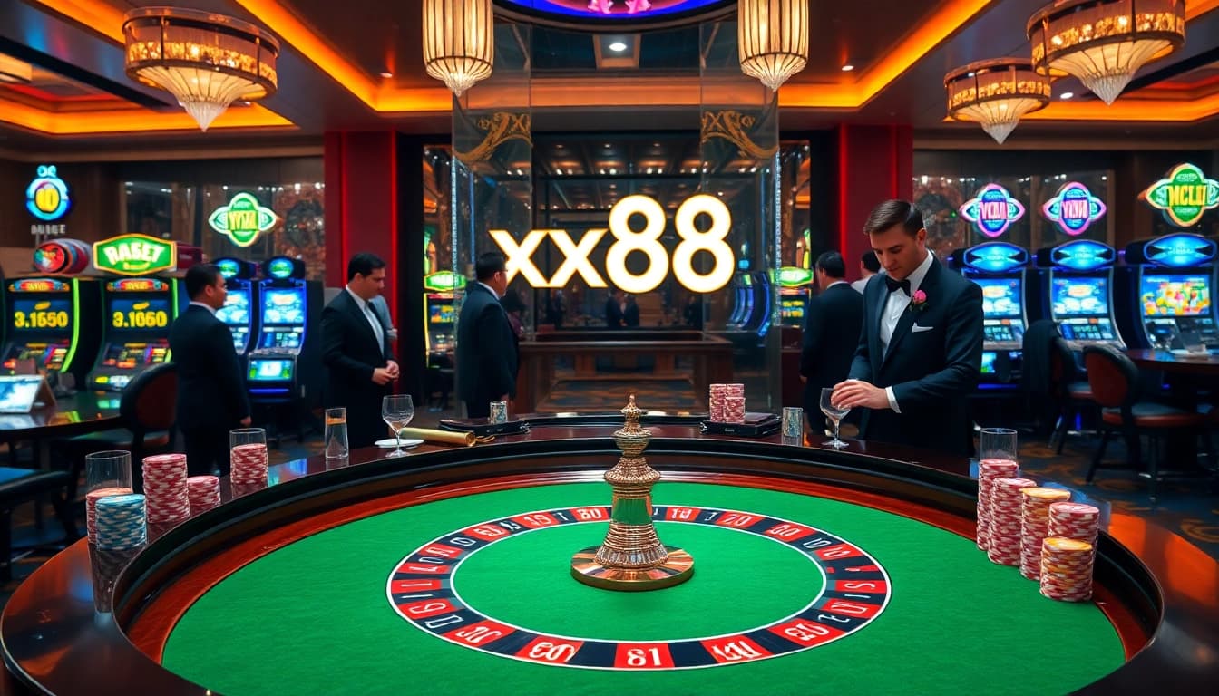 Engaging players at the luxurious xx88 casino, featuring roulette, poker chips, and an inviting atmosphere.