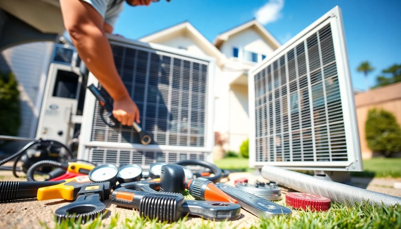 HVAC Repair Tampa: Expert technician repairing air conditioning unit at a suburban home.