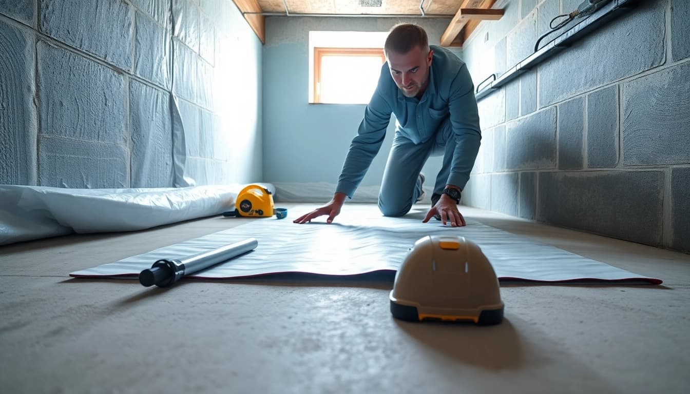 Vapor Barrier Installation process showcasing a technician laying down the vapor barrier in a crawl space.