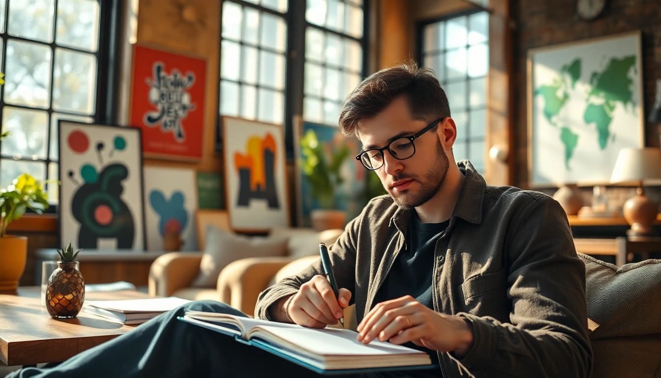 Innerpreneur engaged in creative brainstorming in a vibrant, inspiring workspace.