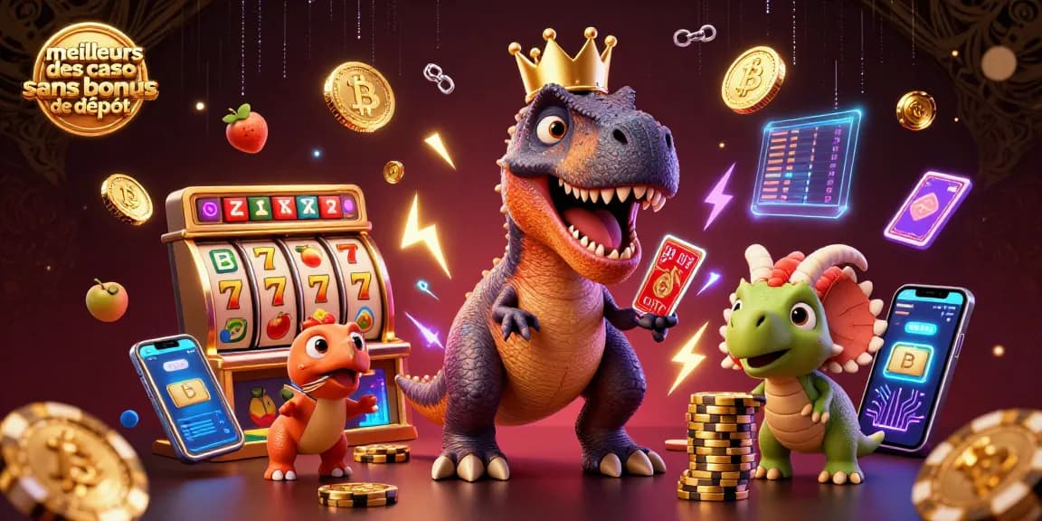 Découvrez les meilleurs sites de casino sans bonus de dépôt où un T-Rex câlin joue aux cartes, entouré de symboles de jackpot et de pièces numériques.