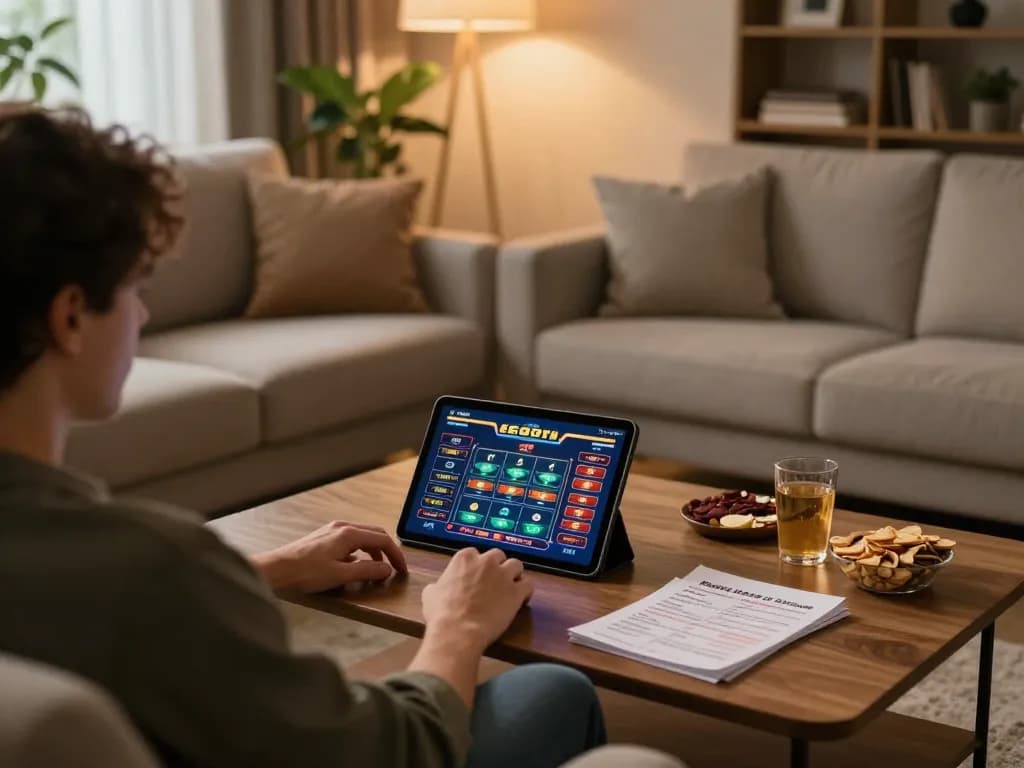 Player enjoying strategic gameplay on EE88 online casino platform in a cozy home setting.