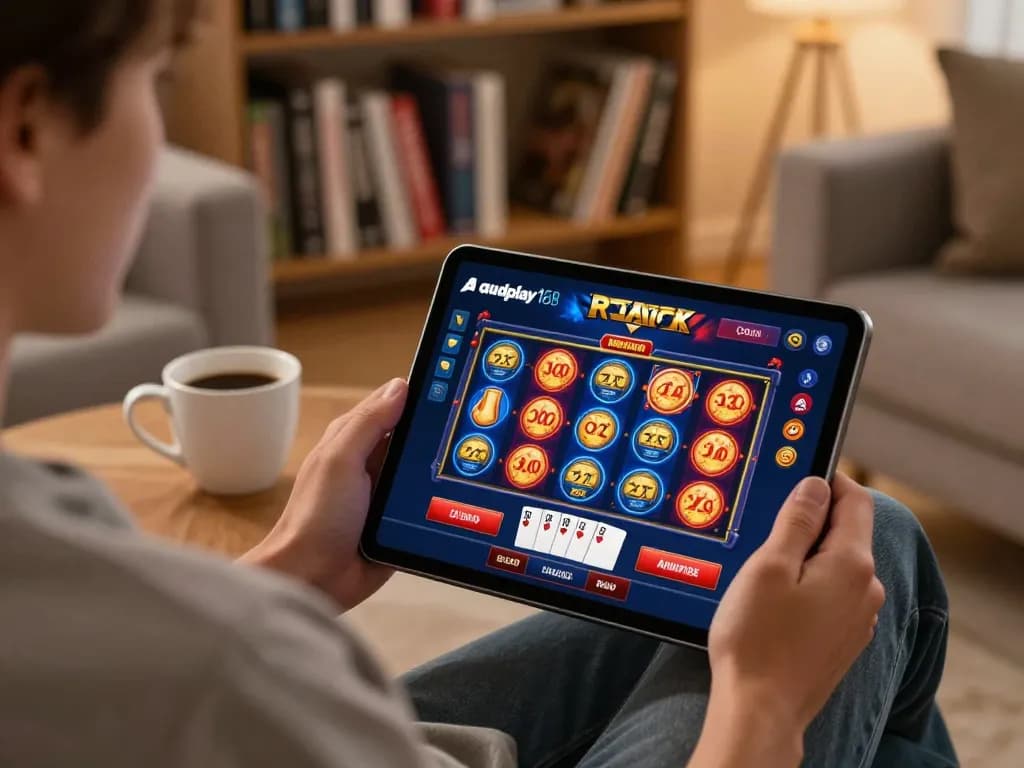 A player engaging in online gaming at audplay168 with a tablet in a cozy living room, showcasing strategic gameplay.