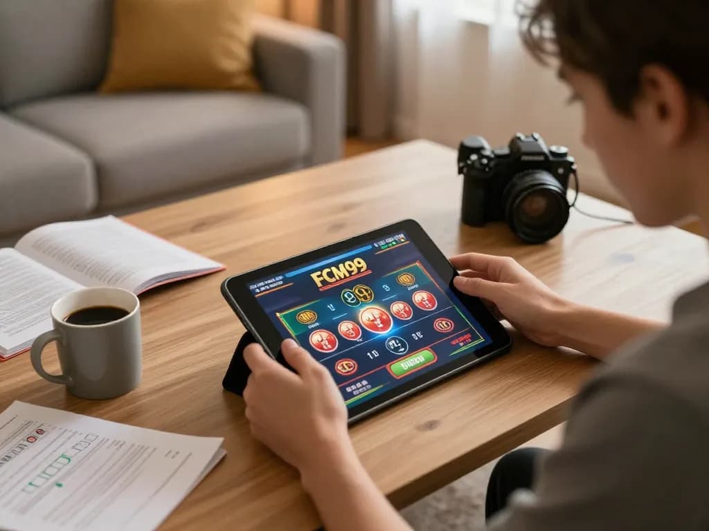 Player engaging with FCM99 login on tablet at home, showcasing strategic gameplay.