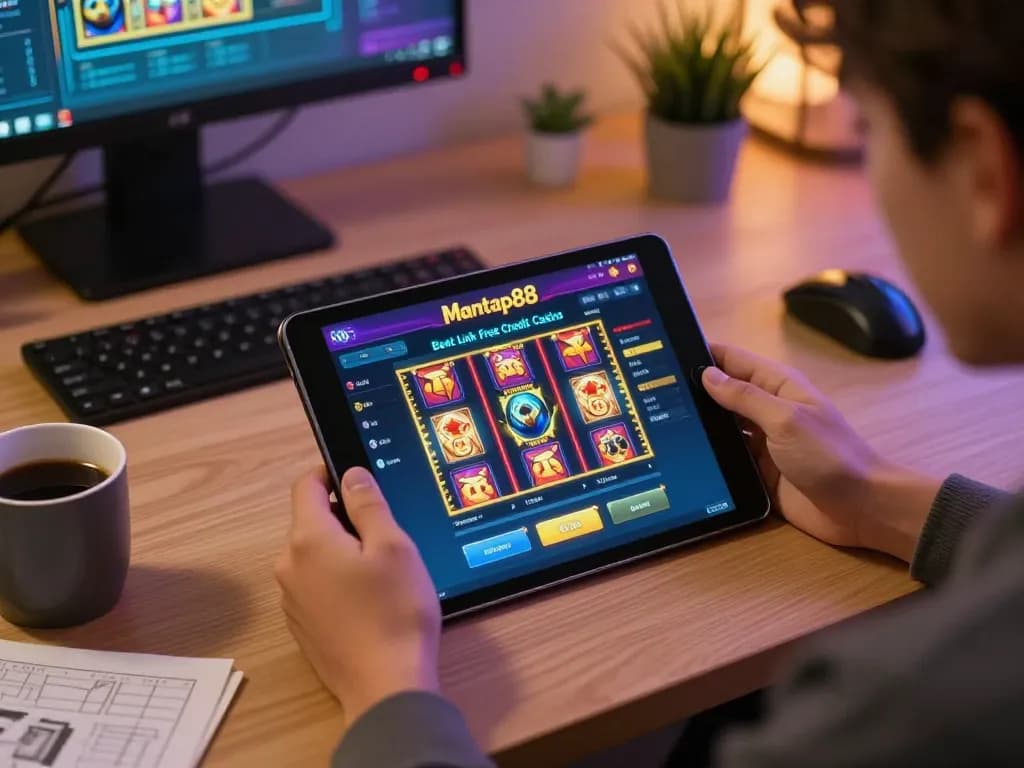 Mantap88 - Best Link Free Credit Casino user engaging with colorful slot games on a tablet.