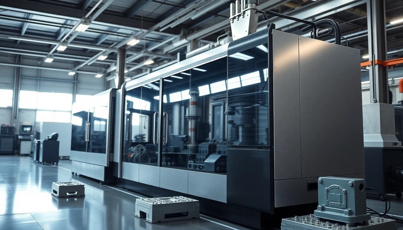 Plastic injection molding machine showcasing advanced technology in a professional industrial setting.