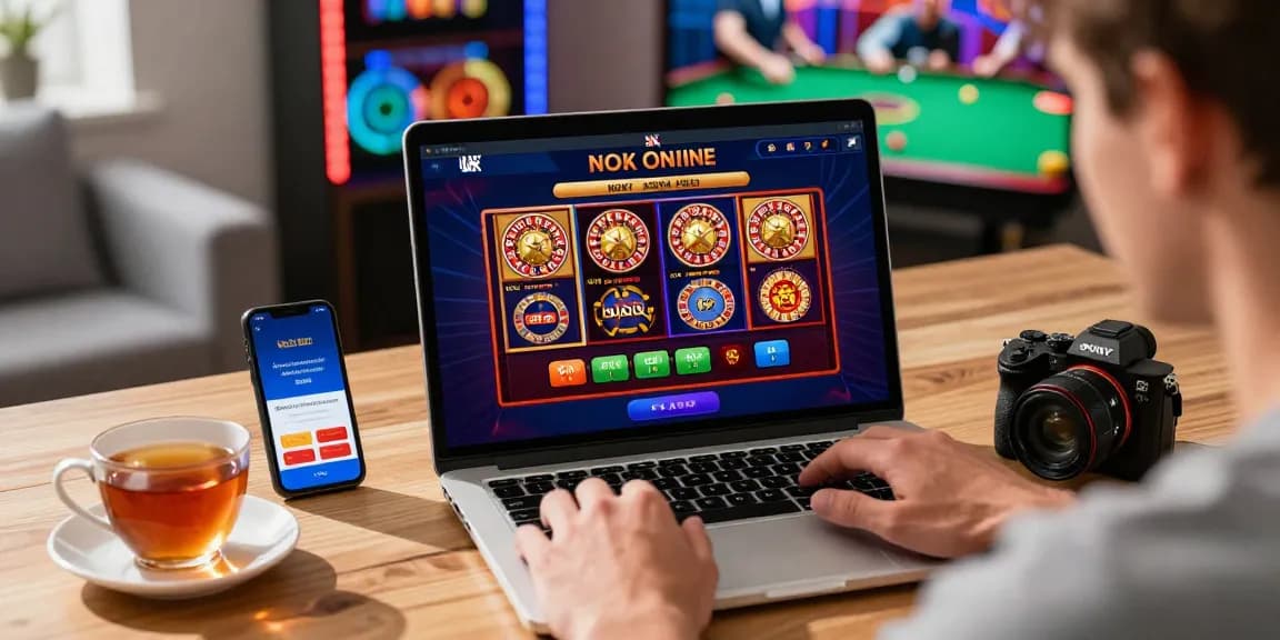 Cheerful British player enjoying non UK online casinos on a laptop, surrounded by colorful casino game graphics.