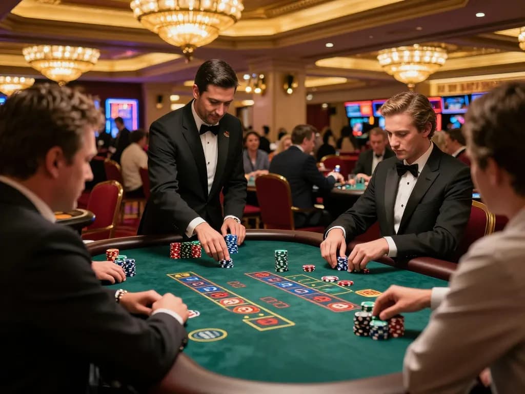 Players concentrating at a blackjack table while enjoying thrilling gameplay at a casino featuring 5679 chip stacks.