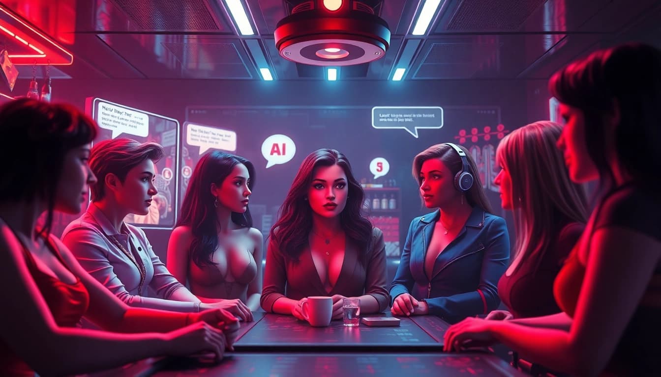 Engaging NSFW AI chatroom scene with diverse avatars and digital interactions.