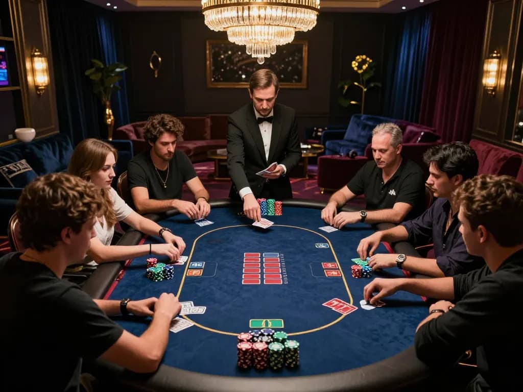 Experience strategic poker at LV88's luxury gaming table with competitive players and colorful chips